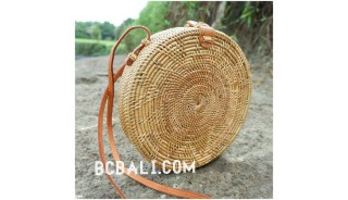 ata grass hand woven circle design handbag leather strap long handle